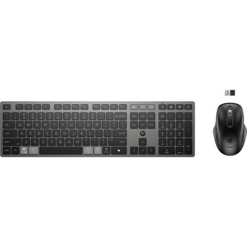 HP 725 többeszközös tölthető vezeték nélküli billentyűzet és egér;2,4 GHz-es vezeték nélküli kapcsolat; BluetoothR; Tápellátás szuperkondenzátorral; Üzemidő: akár 2 hónap; Több eszközzel használható;