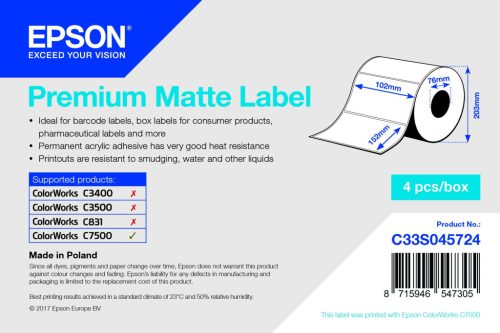 Epson Premium Matte címke 102mm*152mm, 800 címke/tekercs