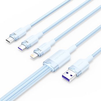   Vention USB-A 2.0/M -> USB-C/Lightning/Micro USB-B, 1,5m,(blue,6A,3in1), kábel