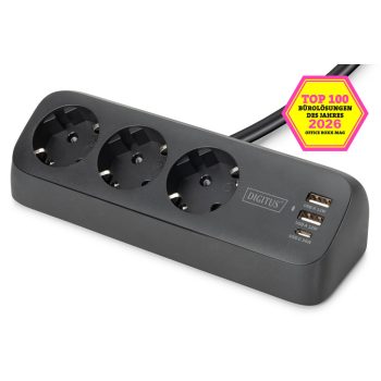   DIGITUS DA-70625 3 aljzatos 2x USB-A 1x USB-C fekete 1,5m asztali elosztó