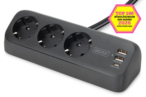 DIGITUS DA-70625 3 aljzatos 2x USB-A 1x USB-C fekete 1,5m asztali elosztó