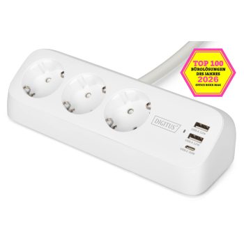   DIGITUS DA-70626 3 aljzatos 2x USB-A 1x USB-C fehér 1,5m asztali elosztó