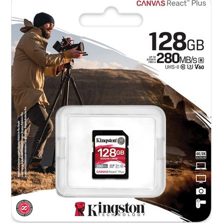 Kingston 128GB Canvas React Plus V60 UHS-II Class10 U3 V60 SDXC memóriakártya