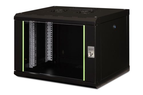 DIGITUS Unique DN-19 07-U-SW 19" 7U 420x600x450mm lapraszerelt üvegajtós fekete fali rack szekrény