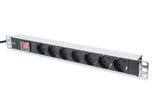 DIGITUS DN-95402 19" 1U PDU alumínium 7x Schuko aljzat CEE7/7 csatlakozó kapcsolós hálózati 2m elosztósor