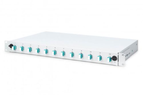 DIGITUS DN-96331/3 19" 1U 12xLC duplex OM3 toldóval pigtaillel és kötőkazettával szerelt optikai patch panel