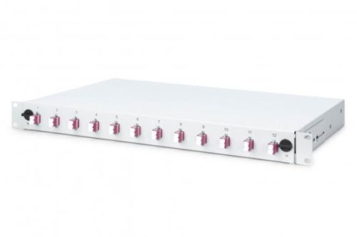 DIGITUS DN-96331-4 19" 1U 12xLC duplex OM4 toldóval pigtaillel és kötőkazettával szerelt optikai patch panel