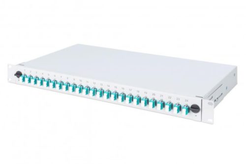 DIGITUS DN-96332/3 19" 1U 24xLC duplex OM3 toldóval pigtaillel és kötőkazettával szerelt optikai patch panel