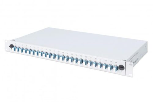 DIGITUS DN-96332-4 19" 1U 24xLC duplex OM4 toldóval pigtaillel és kötőkazettával szerelt optikai patch panel