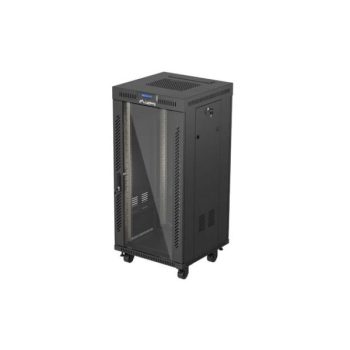   Lanberg FF01-6624-12BL 19" 24U SZÉL:600mm MÉLY:600mm MAG:1320mm lapraszerelt LCD üvegajtós fekete álló rack szekrény