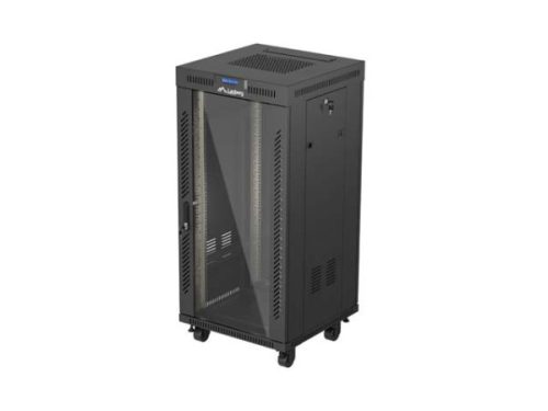 Lanberg FF01-6624-12BL 19" 24U SZÉL:600mm MÉLY:600mm MAG:1320mm lapraszerelt LCD üvegajtós fekete álló rack szekrény