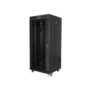   Lanberg FF01-6627-12BL 19" 27U SZÉL:600mm MÉLY:600mm MAG:1431mm lapraszerelt LCD üvegajtós fekete álló rack szekrény