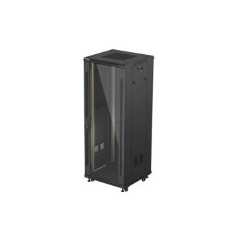   Lanberg FF01-6632-12B 19" 32U SZÉL:600mm MÉLY:600mm MAG:1603mm lapraszerelt üvegajtós fekete álló rack szekrény