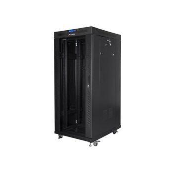   Lanberg FF01-6827-12BL 19" 27U SZÉL:600mm MÉLY:800mm MAG:1431mm lapraszerelt LCD üvegajtós fekete álló rack szekrény