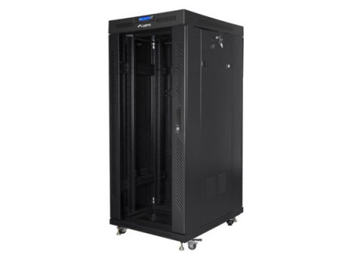 Lanberg FF01-6827-12BL 19" 27U SZÉL:600mm MÉLY:800mm MAG:1431mm lapraszerelt LCD üvegajtós fekete álló rack szekrény