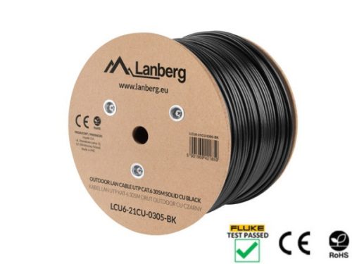 Lanberg LCU6-21CU-0305-BK Cat.6 UTP PE CU Fca 250MHz AWG23 305m árnyékolatlan fekete kültéri kábel