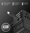 Choetech USB-C*2+USB-A*2 (45W,fekete,travel,USB-C kábellel, US,UK,EU,AU), töltő