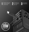 Choetech USB-C*2+USB-A*2 (70W,fekete,travel,USB-C kábellel, US,UK,EU,AU), töltő