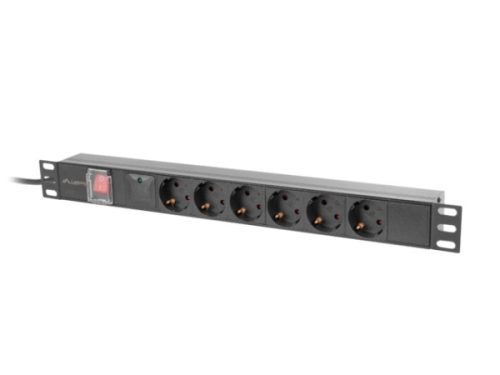 Lanberg PDU-06F-0200-BK 19" 1U 6xSchuko aljzat Schuko csatlakozóvéggel 2m fekete elosztósor kapcsolóval