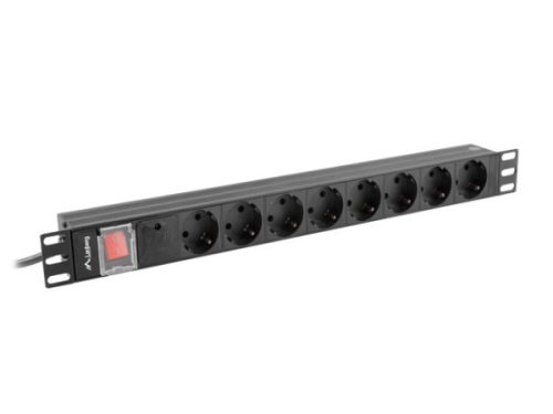 Lanberg PDU-08F-0200-BK 19" 1U 8xSchuko aljzat Schuko csatlakozóvéggel 2m fekete elosztósor kapcsolóval