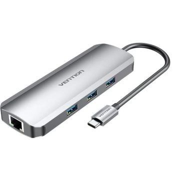   Vention USB-C -> HDMI/USB3.0x3/RJ45/SD/TF/PD (0,15m Szürke Aluminum Ötvözet), Dokkoló