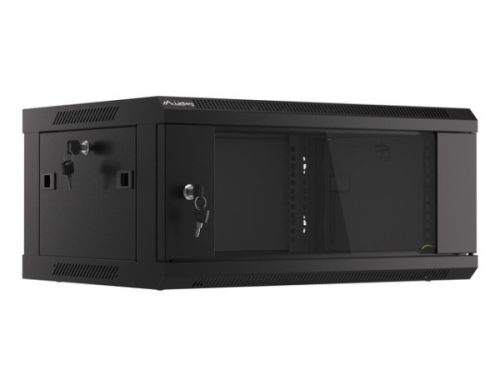 Lanberg WF01-6404-10B 19" 4U SZÉL:600mm MÉLY:450mm MAG:290mm lapraszerelt üvegajtós fekete fali rack szekrény