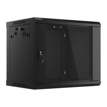   Lanberg WF01-6409-10B 19" 9U SZÉL:600mm MÉLY:450mm MAG:512mm lapraszerelt üvegajtós fekete fali rack szekrény