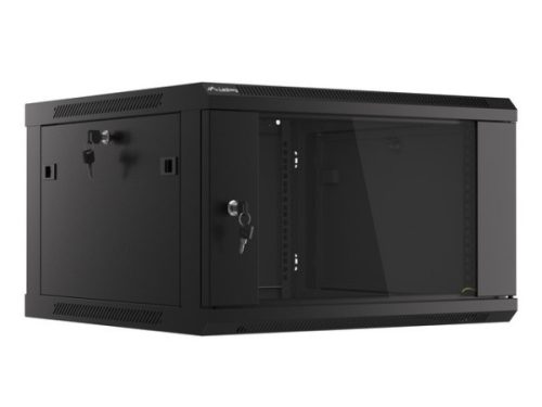 Lanberg WF01-6606-10B 19" 6U SZÉL:600mm MÉLY:600mm MAG:379mm lapraszerelt üvegajtós fekete fali rack szekrény