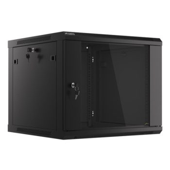   Lanberg WF01-6609-10B 19" 9U SZÉL:600mm MÉLY:600mm MAG:512mm lapraszerelt üvegajtós fekete fali rack szekrény