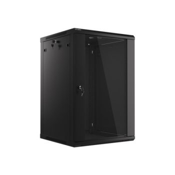   Lanberg WF01-6618-10B 19" 18U SZÉL:600mm MÉLY:600mm MAG:907mm lapraszerelt üvegajtós fekete fali rack szekrény