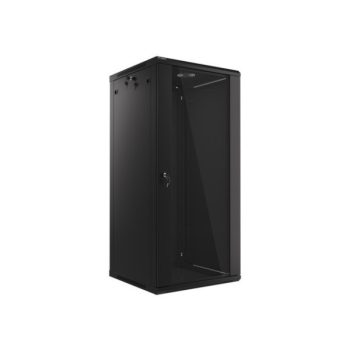   Lanberg WF01-6627-10B 19" 27U SZÉL:600mm MÉLY:600mm MAG:1307mm lapraszerelt üvegajtós fekete fali rack szekrény
